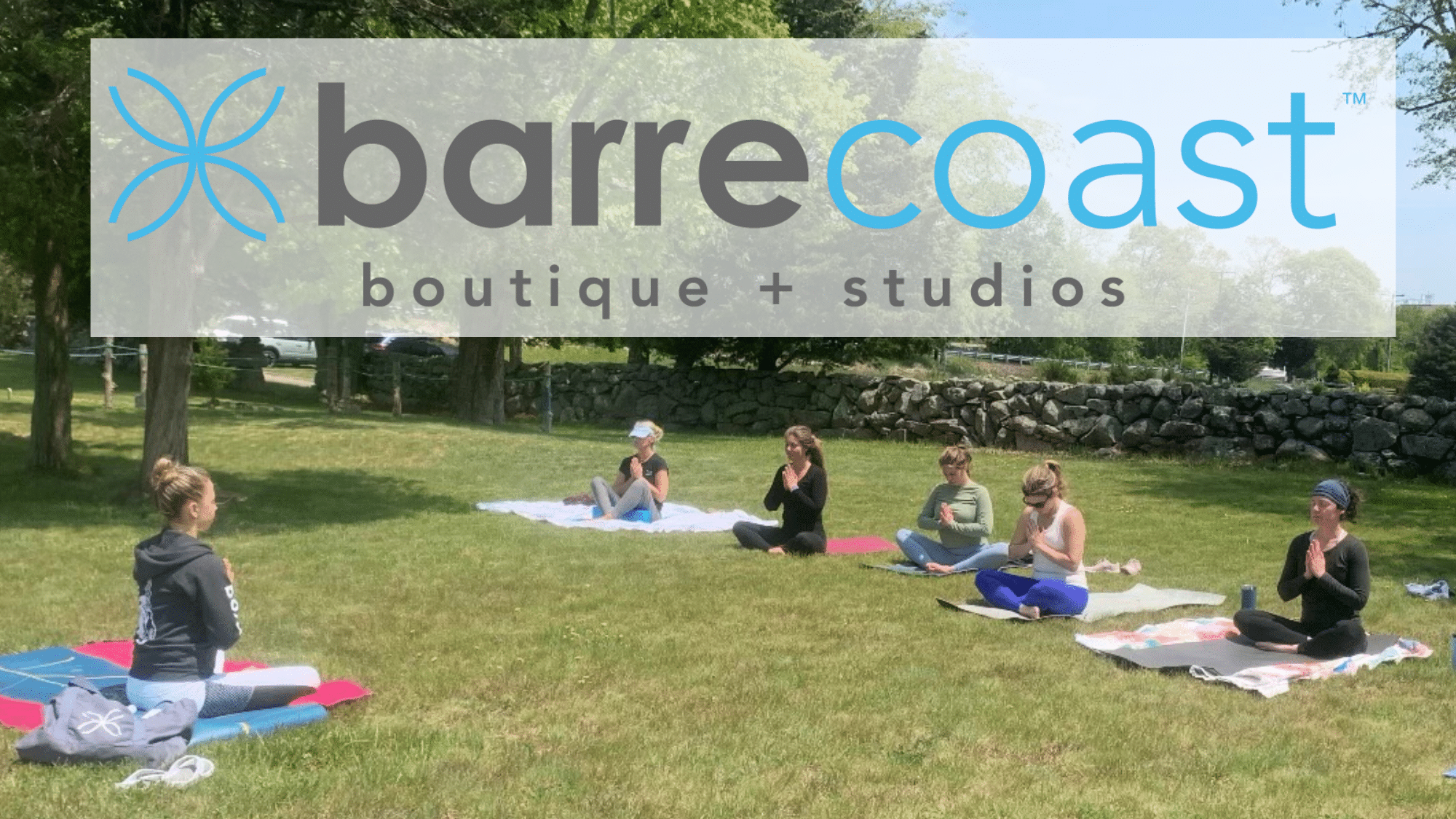 Participants meditating at Winnapaug Farm Preserve with BarreCoast