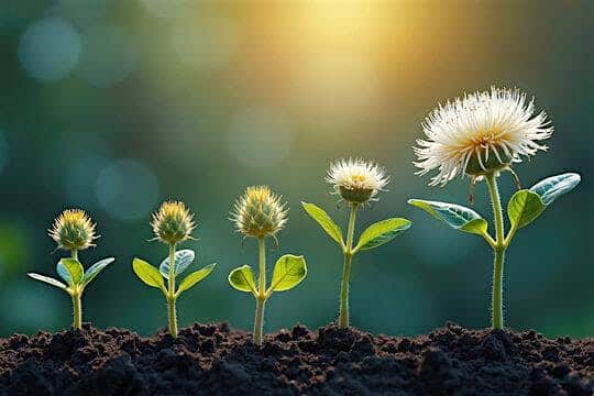 Stages of flower growth in a warm light